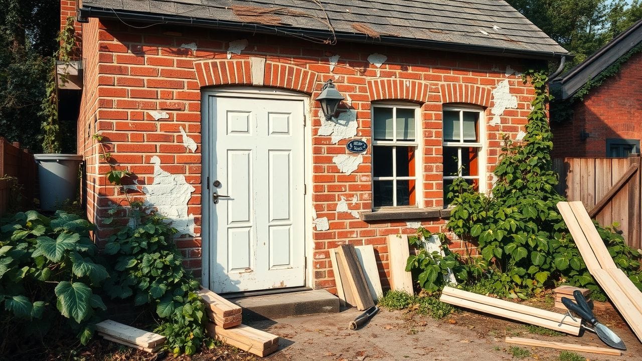 Een oude bakstenen huis dat wordt gerenoveerd met buitenisolatie. Een oude bakstenen huis dat wordt gerenoveerd met buitenisolatie.