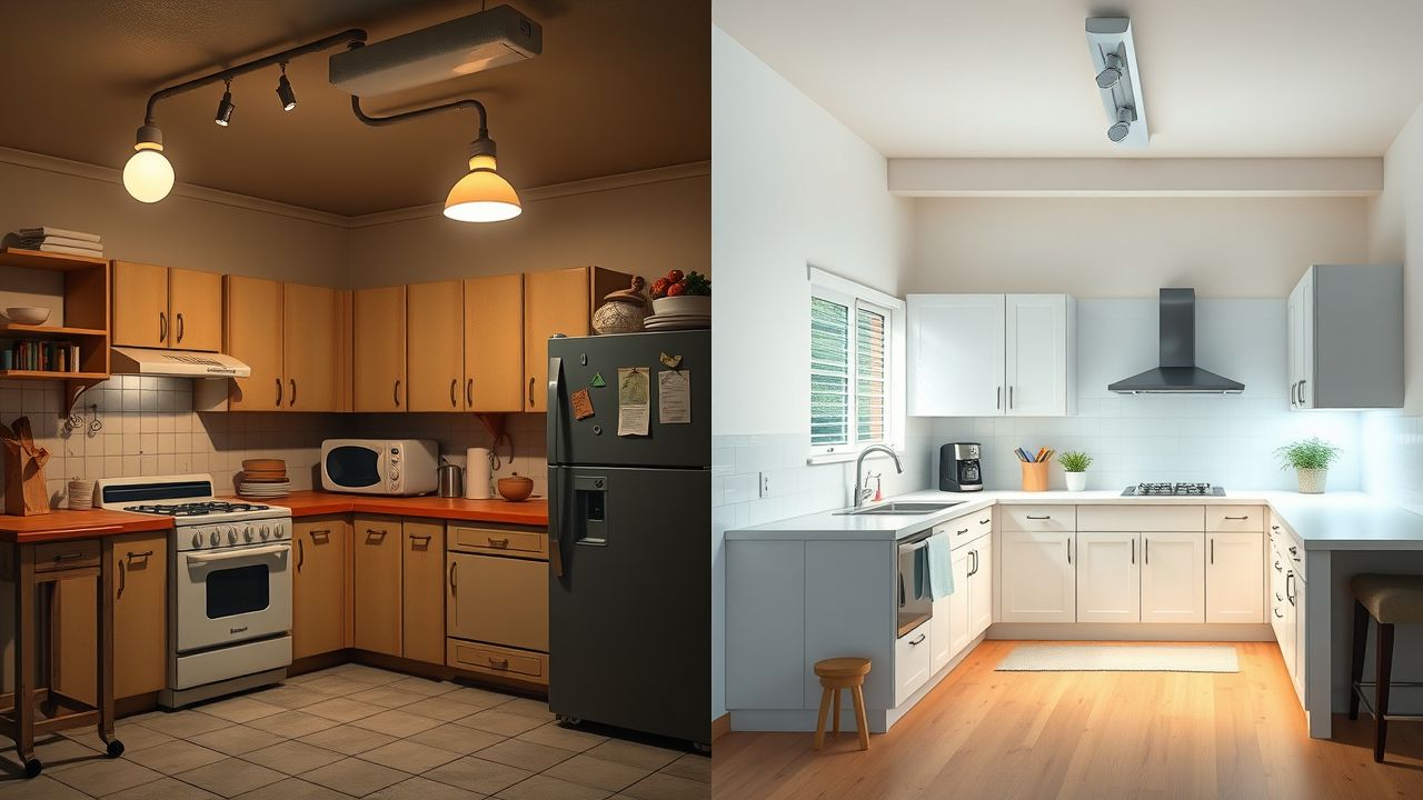 Een vergelijking tussen een oude en moderne keuken. Een vergelijking tussen een oude en moderne keuken.