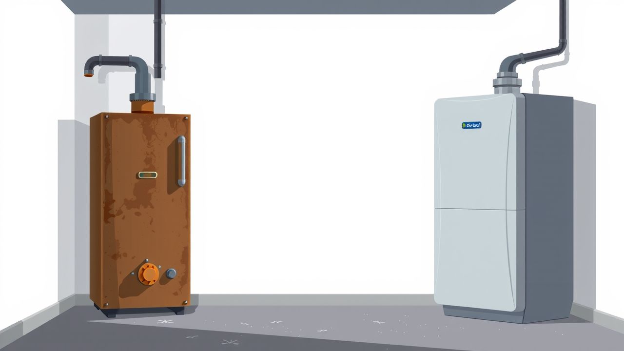 Een verwaarloosde nutsruimte met een oude en moderne boiler. Een verwaarloosde nutsruimte met een oude en moderne boiler.