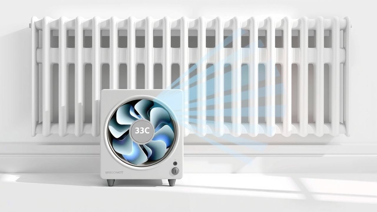 Een SpeedComfort radiator ventilator verspreidt warmte bij 33°C watertemperatuur. Een SpeedComfort radiator ventilator verspreidt warmte bij 33°C watertemperatuur.