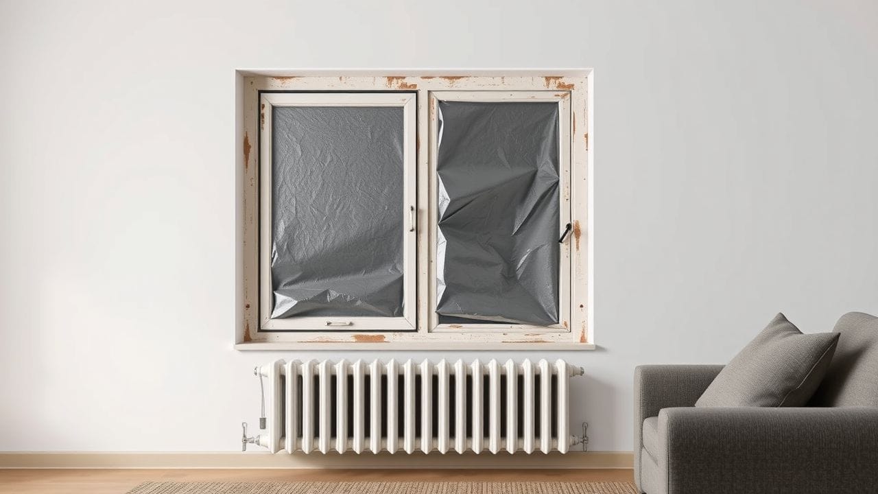 Een oude raam bedekt met radiatorfolie benadrukt energiezuinigheid en gasbesparing. Een oude raam bedekt met radiatorfolie benadrukt energiezuinigheid en gasbesparing.