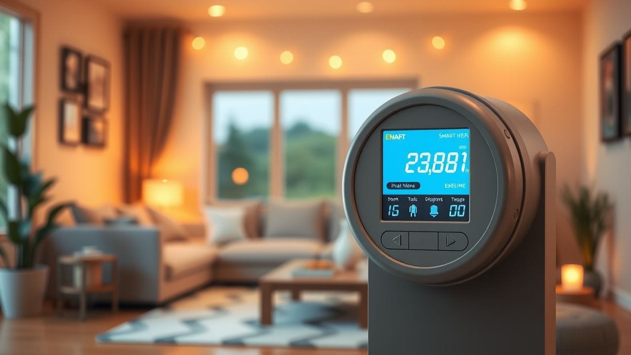 Een smart meter toont real-time energieverbruiksgegevens in een gezellige woonkamer. Een smart meter toont real-time energieverbruiksgegevens in een gezellige woonkamer.