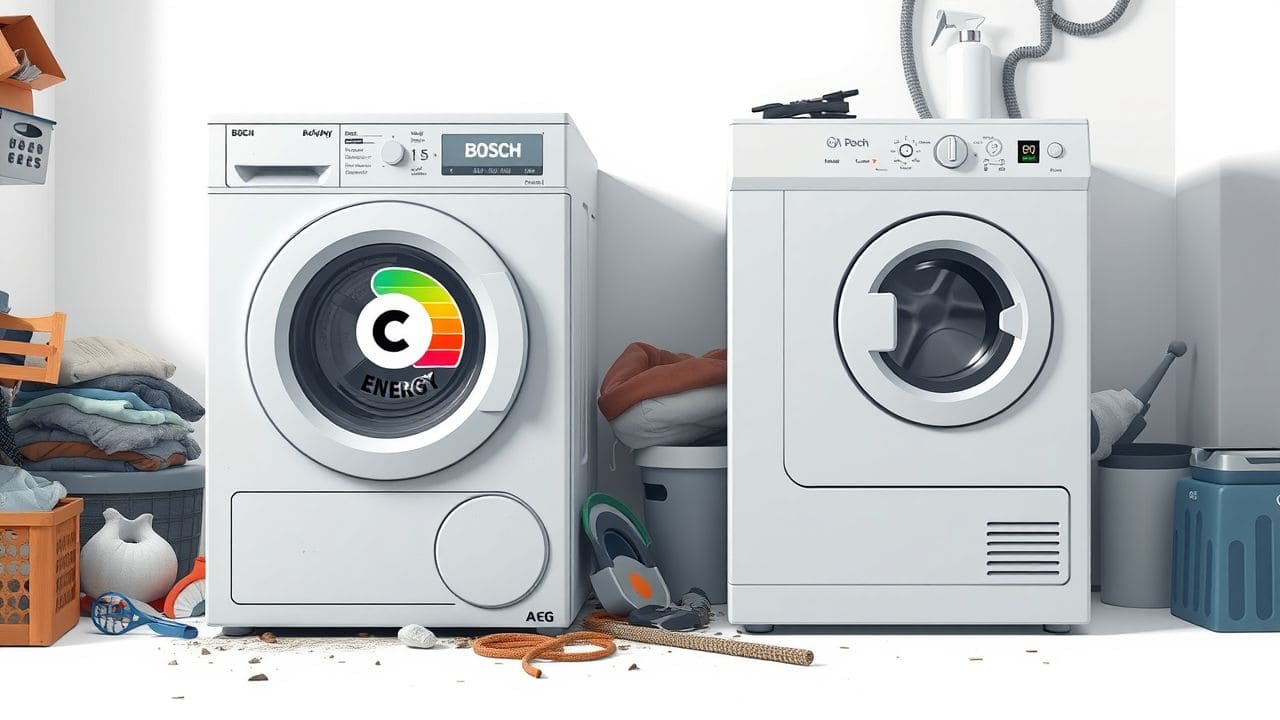 Een verouderde luchtuitlaatdroger wordt vergeleken met een moderne warmtepompdroger. Een verouderde luchtuitlaatdroger wordt vergeleken met een moderne warmtepompdroger.