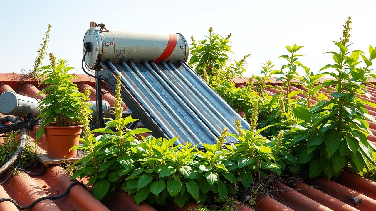 Een oude zonneboiler op een dak omringd door groene planten. Een oude zonneboiler op een dak omringd door groene planten.