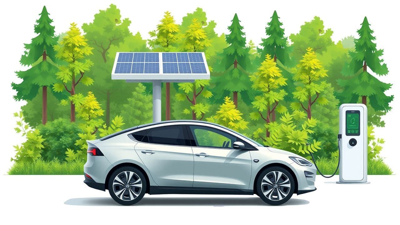 Een moderne elektrische auto wordt opgeladen bij een zonne-energie laadstation in een bosrijke omgeving. Een moderne elektrische auto wordt opgeladen bij een zonne-energie laadstation in een bosrijke omgeving.