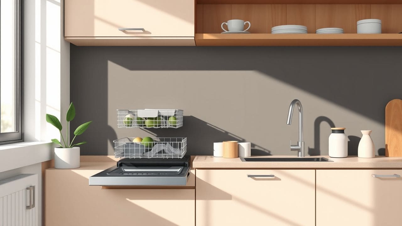Een moderne keuken met een energiezuinige vaatwasser in een vlakke designstijl. Een moderne keuken met een energiezuinige vaatwasser in een vlakke designstijl.