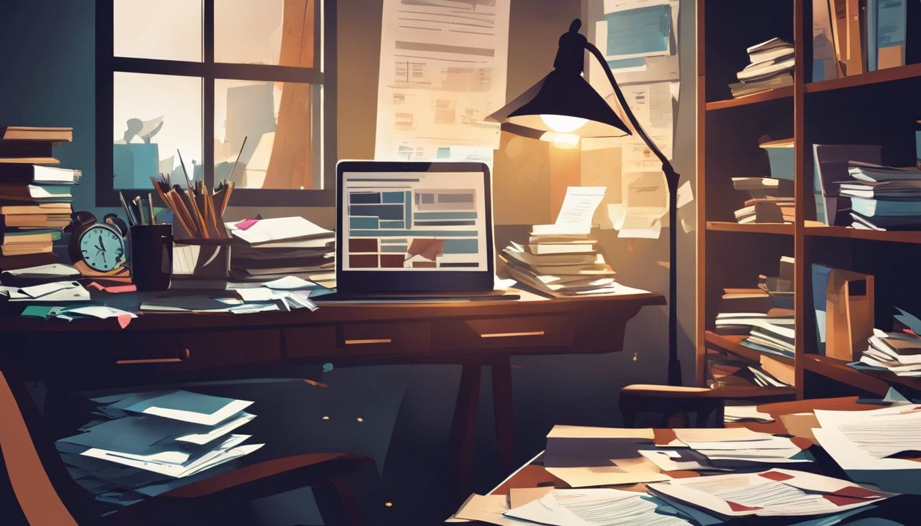 Een rommelig bureau met rekeningen, laptop en boeken in donkere kamer. Een rommelig bureau met rekeningen, laptop en boeken in donkere kamer.