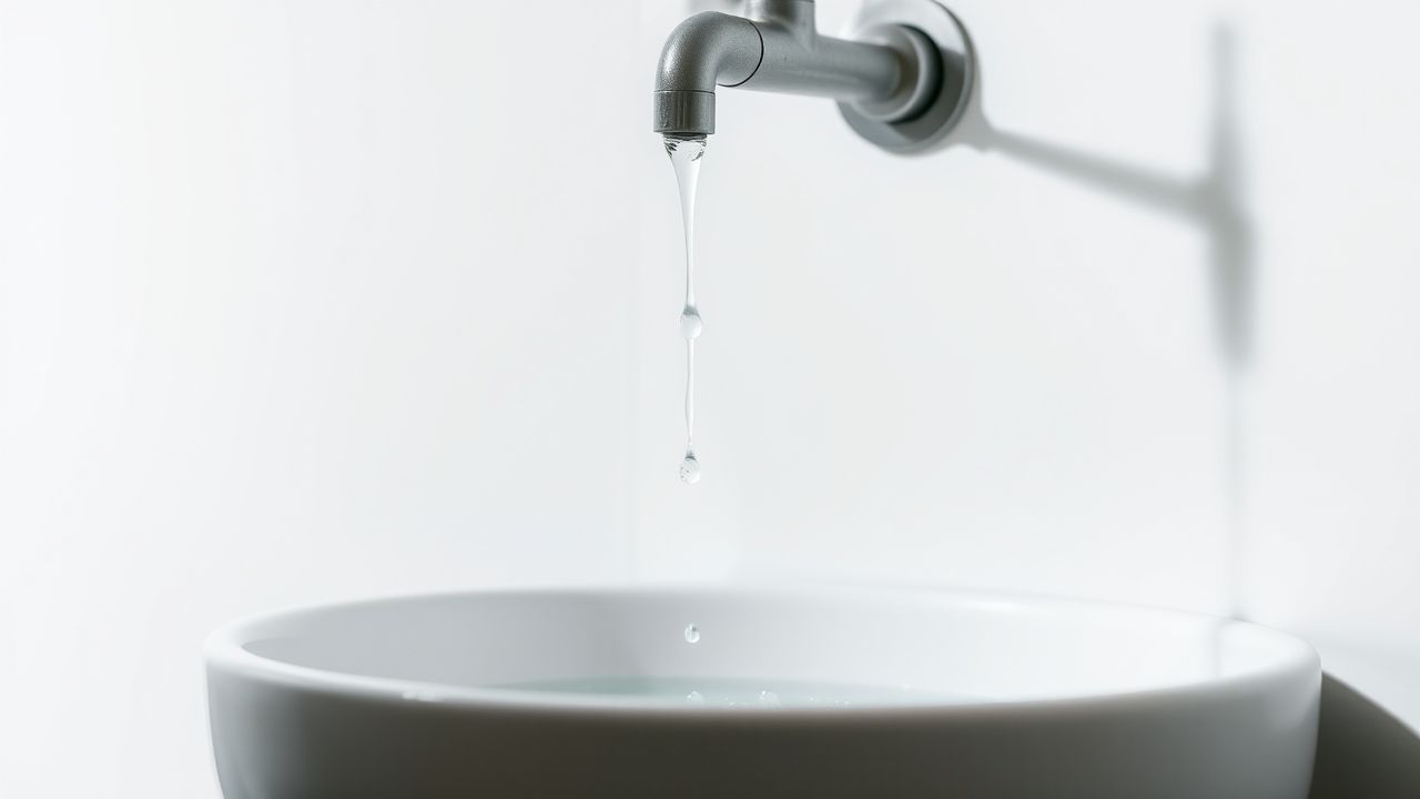 Een druipende kraan in een badkamer met nadruk op waterbesparing. Een druipende kraan in een badkamer met nadruk op waterbesparing.
