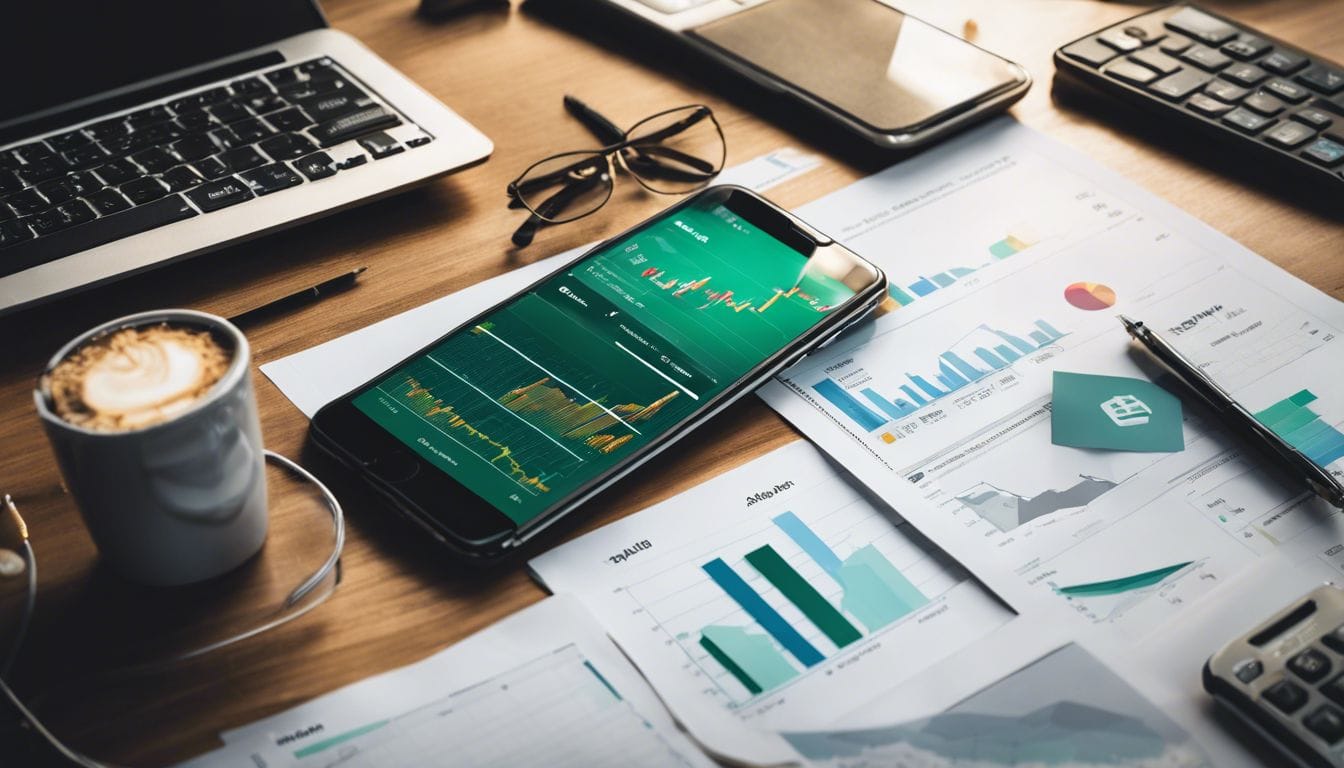 Een rommelig bureau met rekeningen en een financiële app op een smartphone. Een rommelig bureau met rekeningen en een financiële app op een smartphone.
