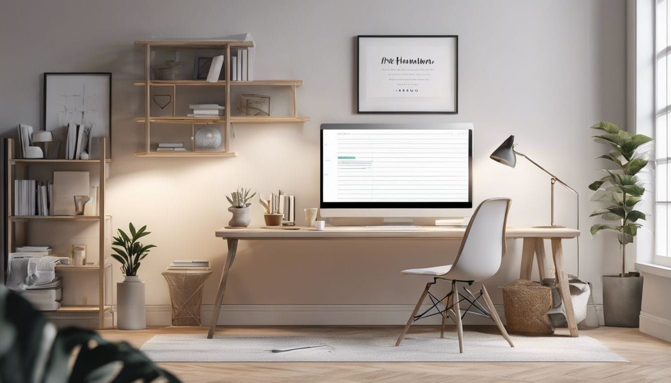 Een georganiseerde, minimalistische thuiskantooropstelling met budgetplanner en financiële managementboeken. Een georganiseerde, minimalistische thuiskantooropstelling met budgetplanner en financiële managementboeken.