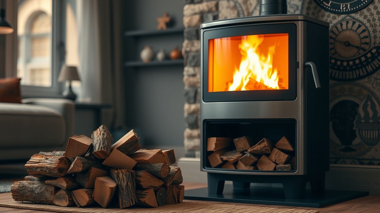Een stapel droog openhaardhout naast een moderne houtkachel in een gezellige woonkamer.