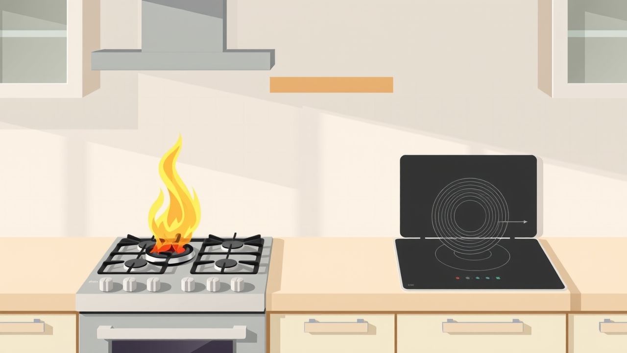 Een moderne keuken met gasfornuis en inductiekookplaat.